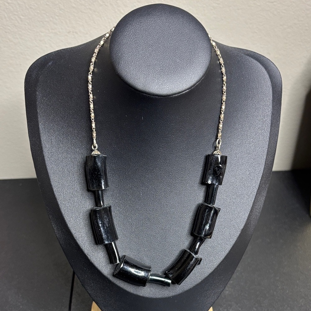 Vintage Black Coral Tube Silver Chain Necklace